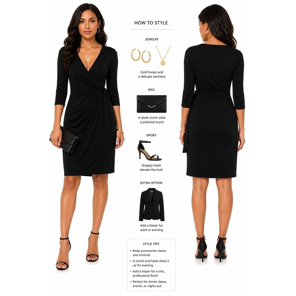 Women's‎ Faux Wrap Dress by Sunglory Black 3/4 Sleeve Size M New With Tags - Picture 4 of 12
